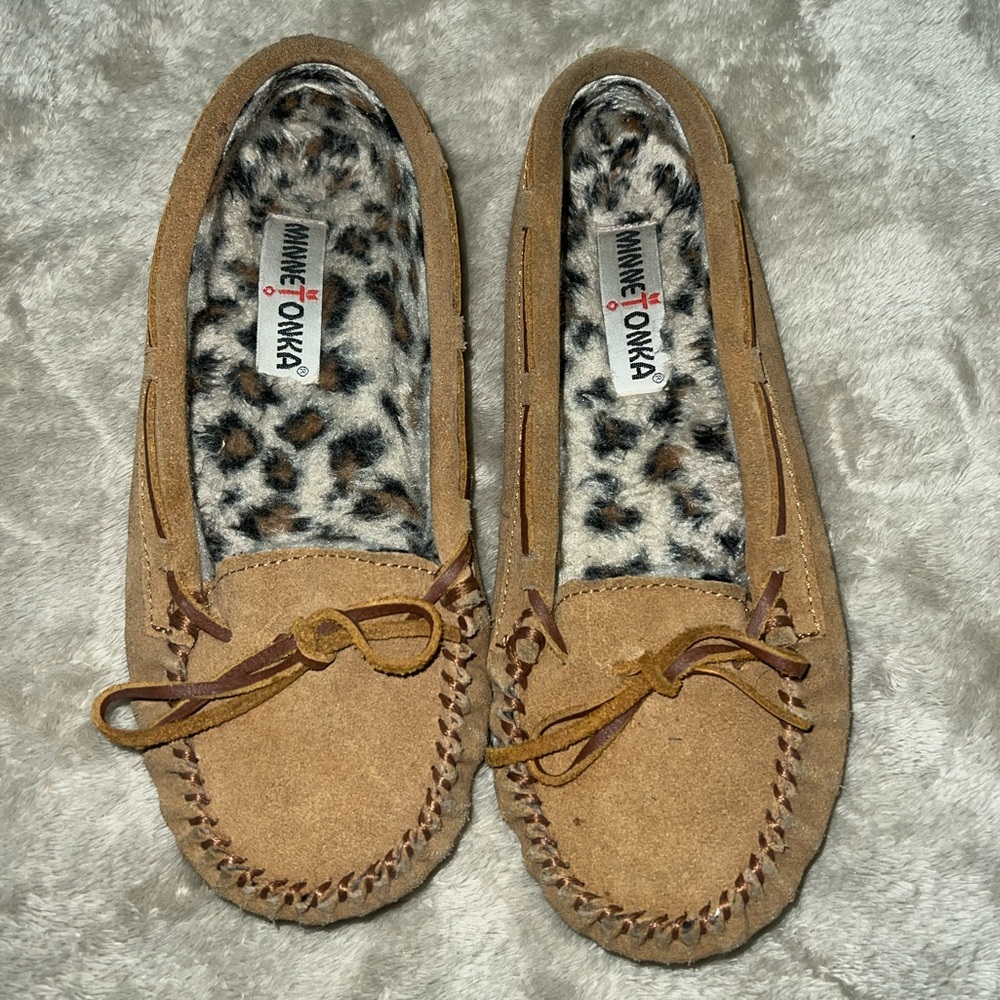 Minnetonka Brown Suede Moccasins with Leopard Lining